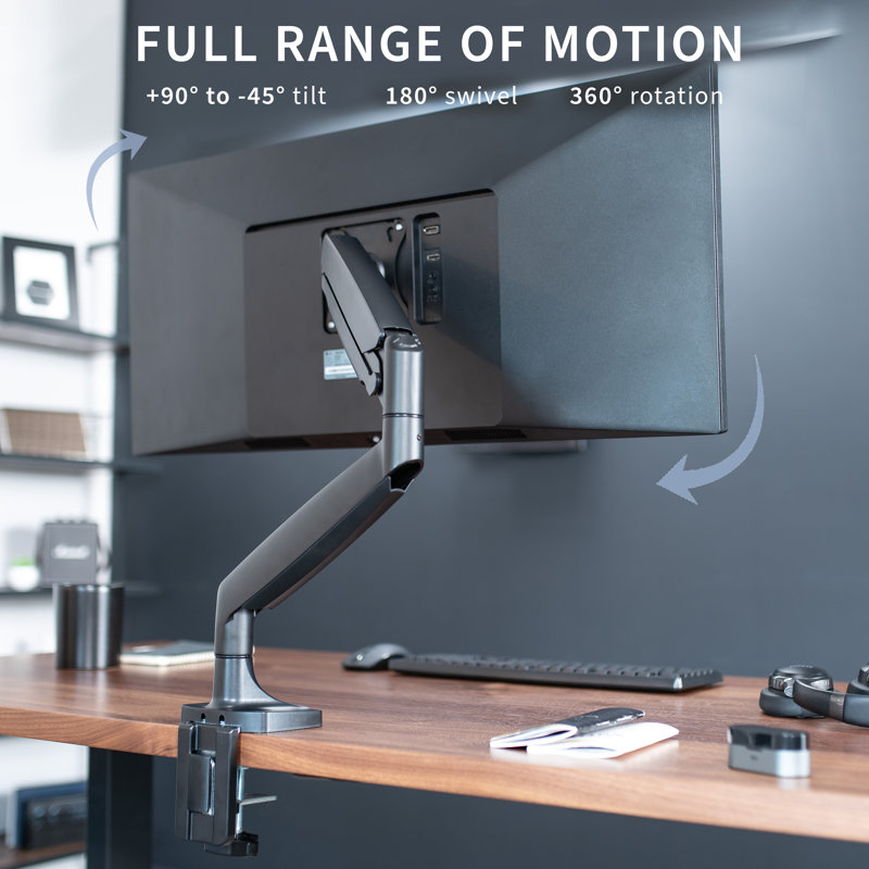 Black Aluminum Single Ultrawide Monitor Desk Mount with Pneumatic Arm