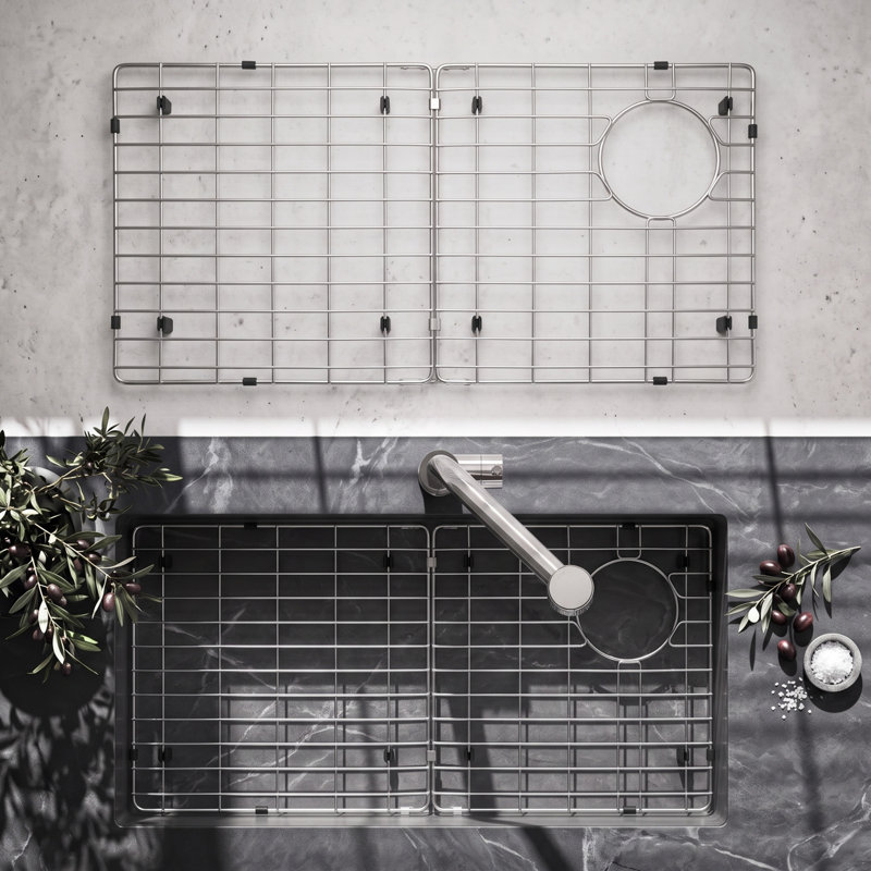 Grille d'évier de cuisine à trou de drain décalé, support de protection d'évier pliable en acier inoxydable 28,1 po x 14,2 po, tapis de séchage pour la protection du fond de l'évier