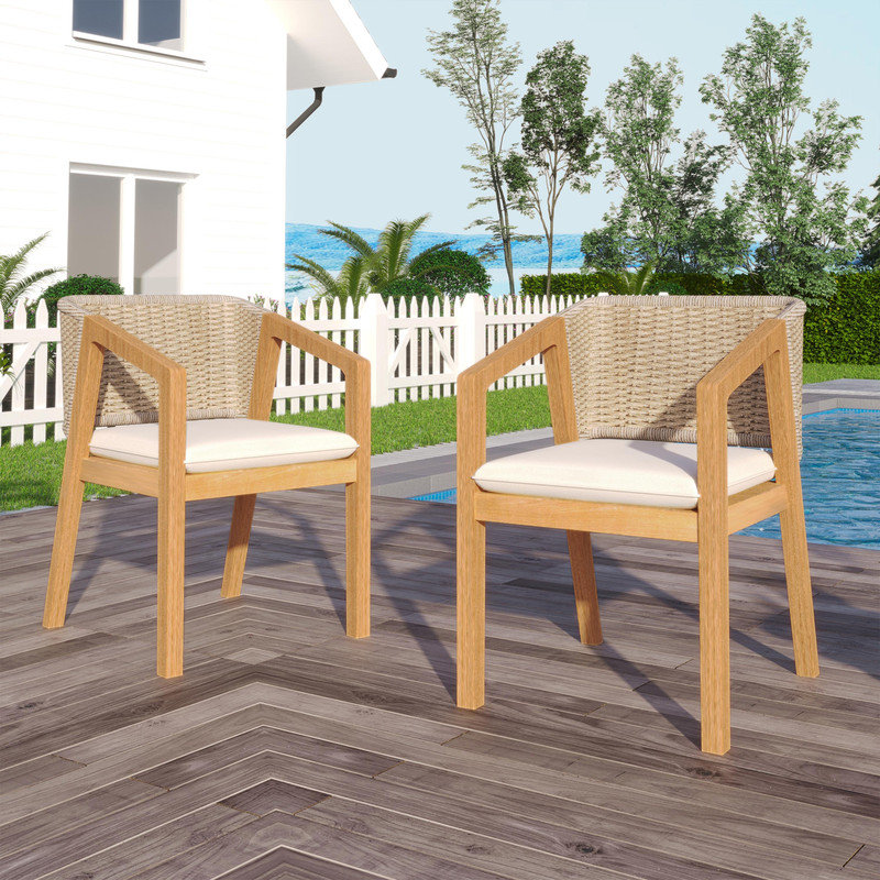 Ensemble de chaises de salle à manger 2 pièces en bois massif avec motif de corde - Chaises de patio rembourrées imperméables