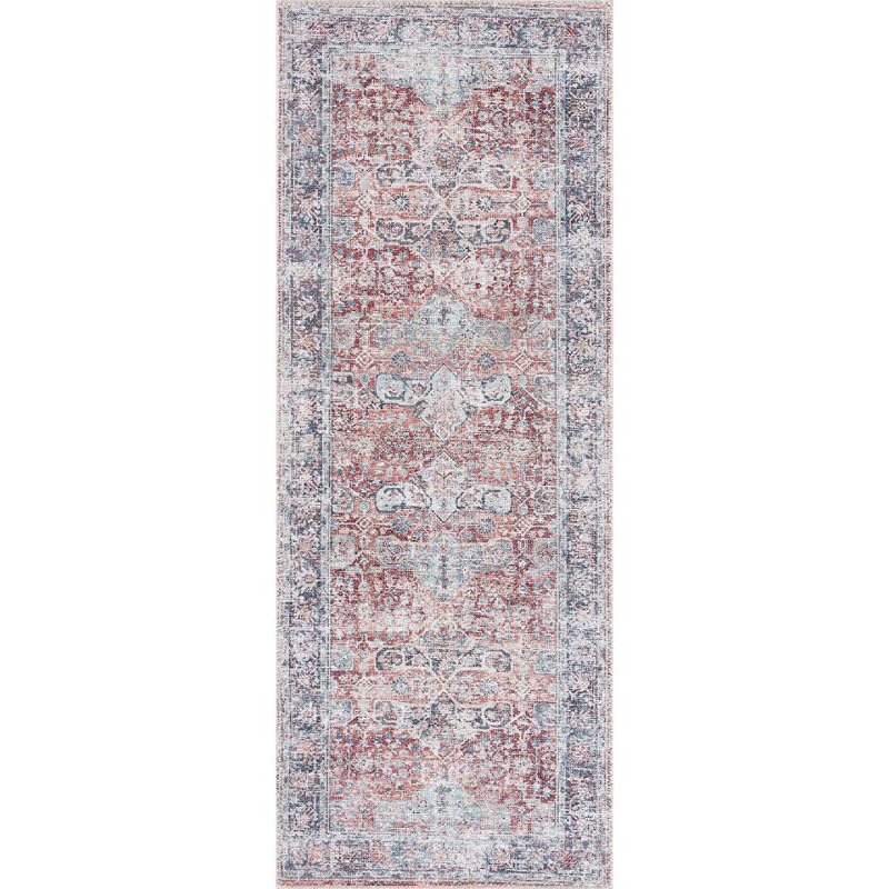 Tapis traditionnel lavable antidérapant - brique / bleu foncé , Tapis de couloir 2 pi 6 po x 7 pi