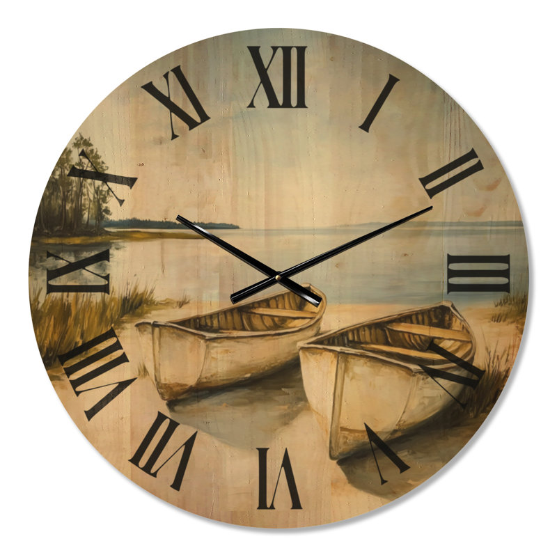 Horloge murale décorative « Deux canots au repos » - Beige Cabin, imprimée sur bois, Médium