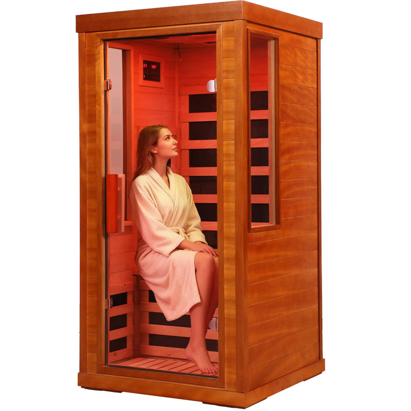 Sauna infrarouge Okoume Wood pour 1 personne avec chromothérapie 7 couleurs, système de contrôle de la température et ventilation