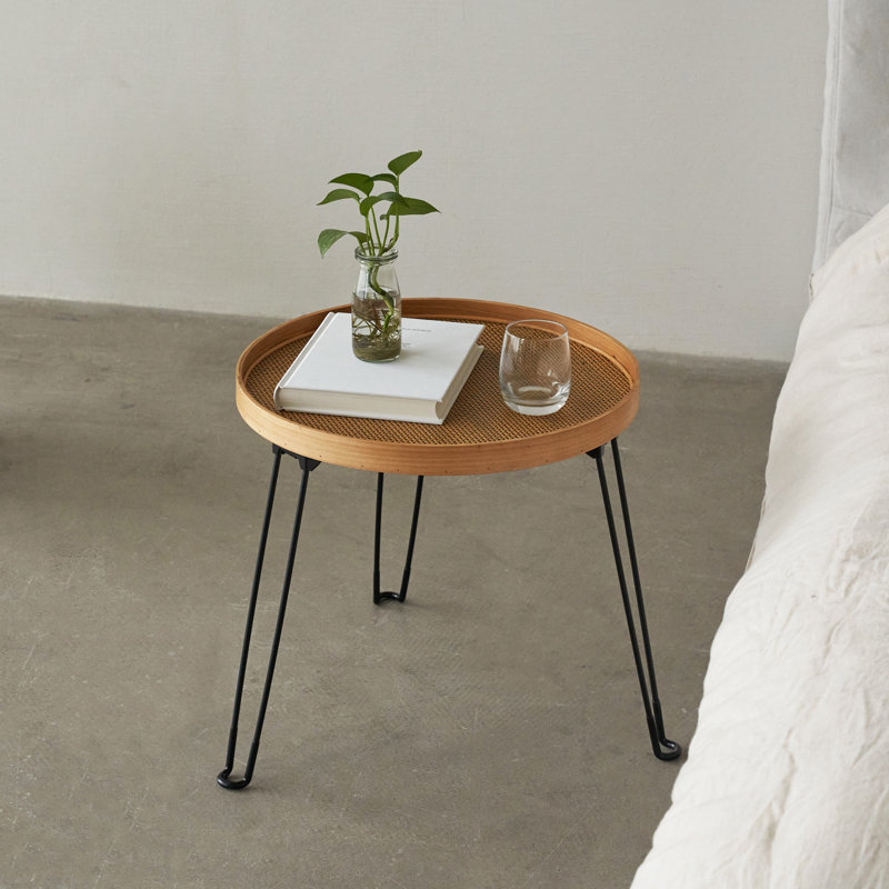 Round Wood And Rattan Side Table, Foldable Table With Metal Tripod, Rattan Round Tray Top, Boho Style, Chic Coffee Table, Side Table (Height 17.7", Grid Knit Pattern
