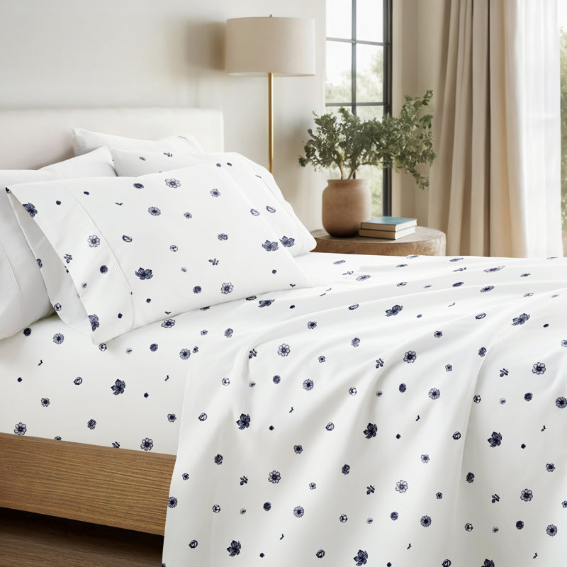 Home Indigo Flowers Pattern Microfiber Sheet Set, King