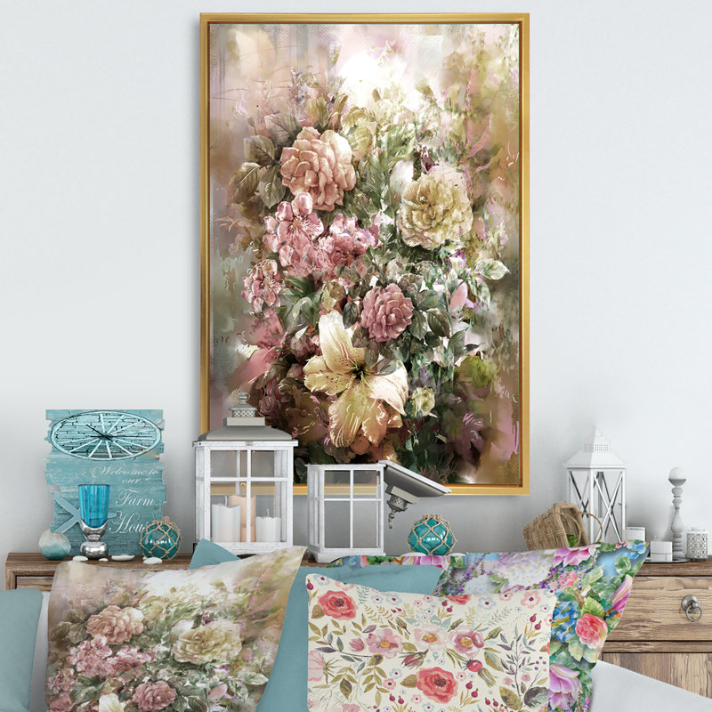 «Grunge rose vert été fleurs II», reproduction d'art sur toile traditionnelle