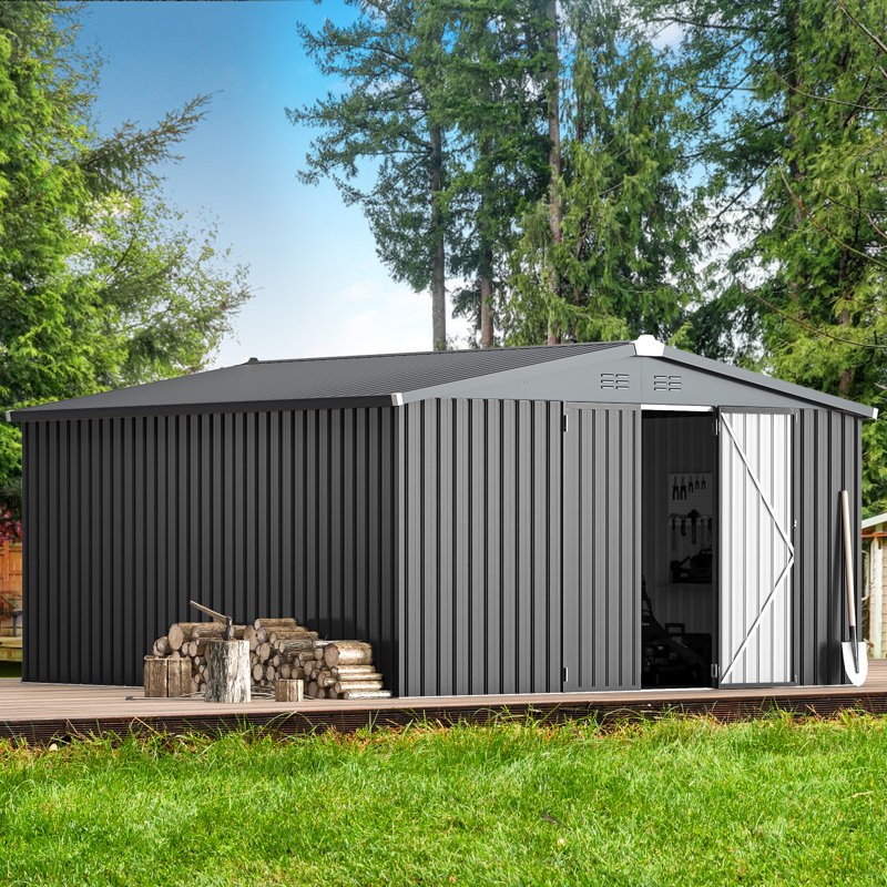 Remise de rangement en métal 12 pi x 12 pi avec conception de portes verrouillables, Gris foncé