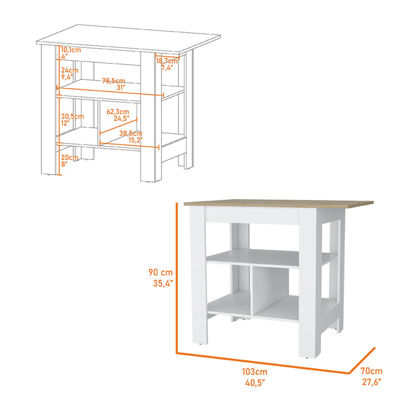 Îlot de cuisine, trois tablettes, finition blanche