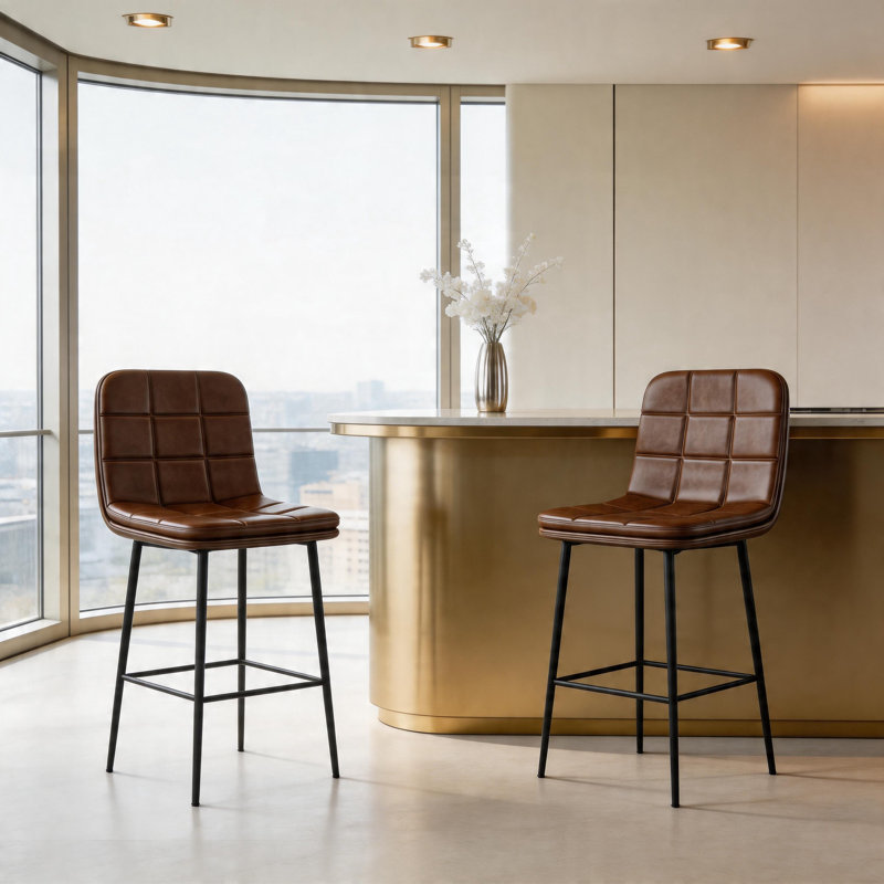 Mordern Upholstered Metal Counter Height Bar Stools(Set of 2), Brown/Black