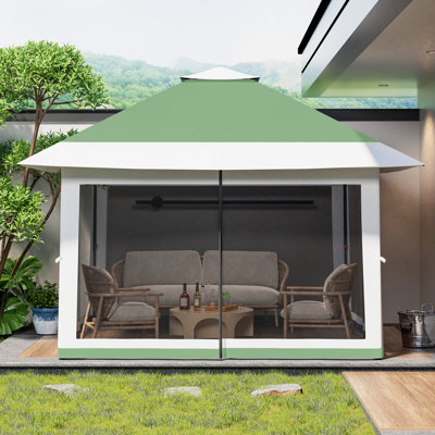 Double Roof Pop Up Outdoor Gazebo Canopy Tent - Heavy Duty Mosquito Netting Patio Shelter - Easy Setup Screened Pavilion with 4 Sandbags & Carry Bag - Adjustable Height 12x12ft for Garden, Backyard, Lawn, Party, Olive Green + Heather Gray