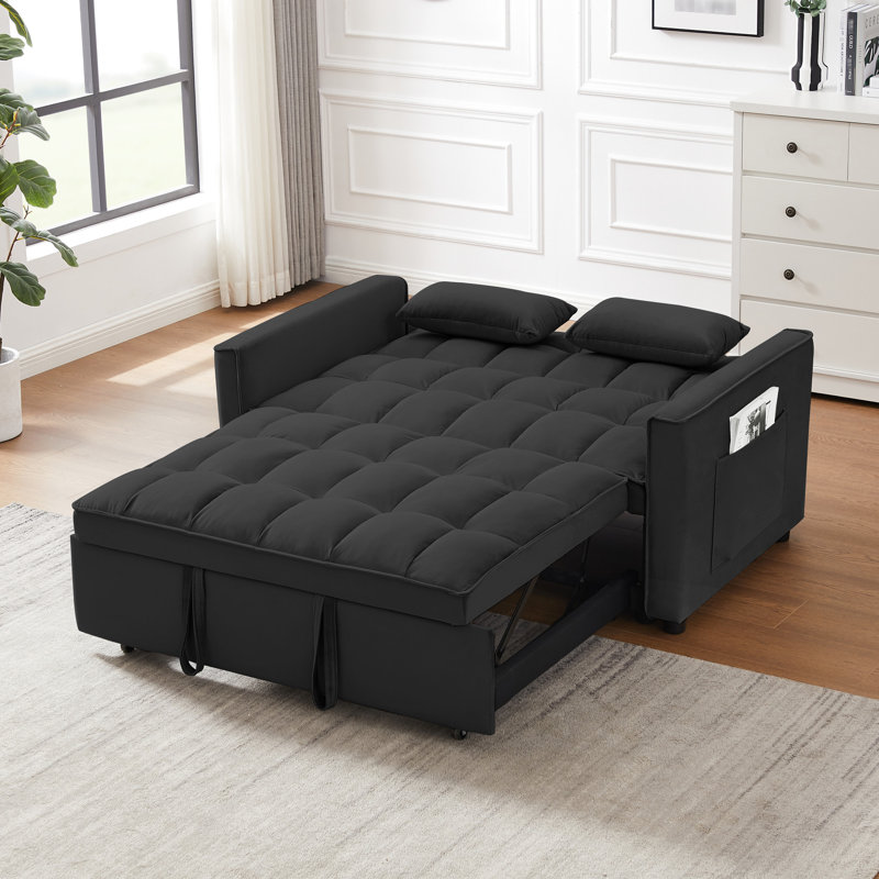 Petit canapé-lit en velours noir 3 en 1 avec couchette inclinable, coussins décoratifs et poches pour le salon, Noir