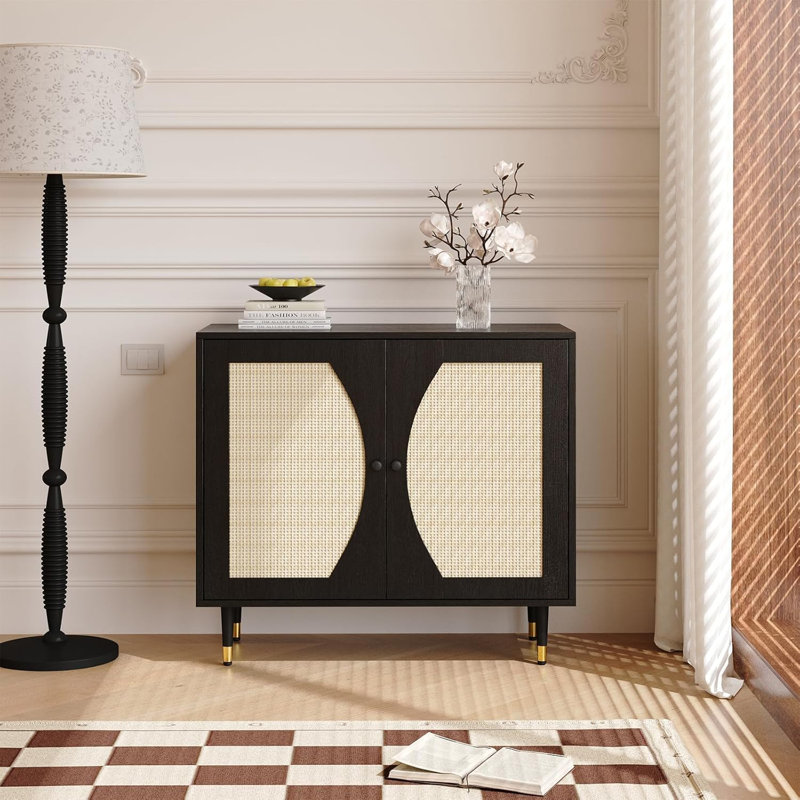 Black Rattan Cabinet Accent Sideboard Buffet with Adjustable Shelves, Storage for Kitchen and Dining Room