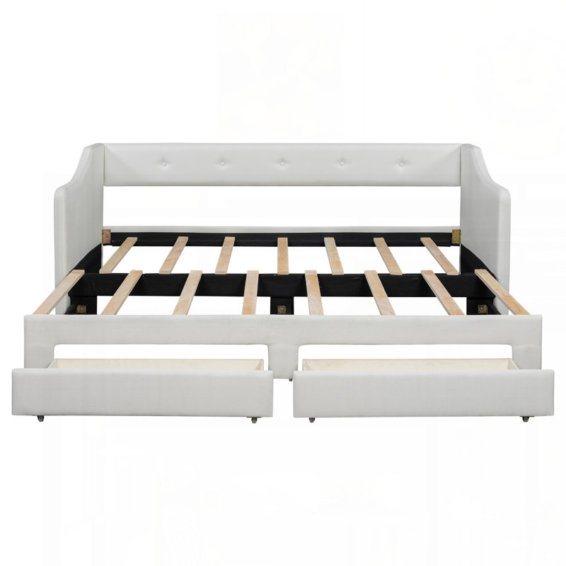 Twin XL to King Size Upholstered Daybed with Two Drawers, Beige, Beige