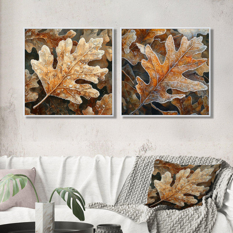 Frosty Oak Leaf I - feuilles, art mural - art mural traditionnel pour le salon, 2 pièces, 36" H x 73" W, Floater Framed