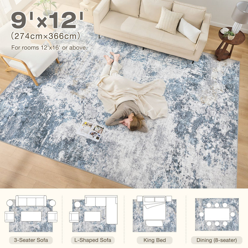 Abstract Modern Boho Area Rug Non-Shedding Low-Pile Carpet for Living Room, Bedroom, or Office, Rectangle 9' x 12'