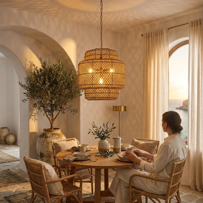 Clair 4-Light Handwoven Tiered Rattan Chandelier, Modern Organic Coastal Pendant