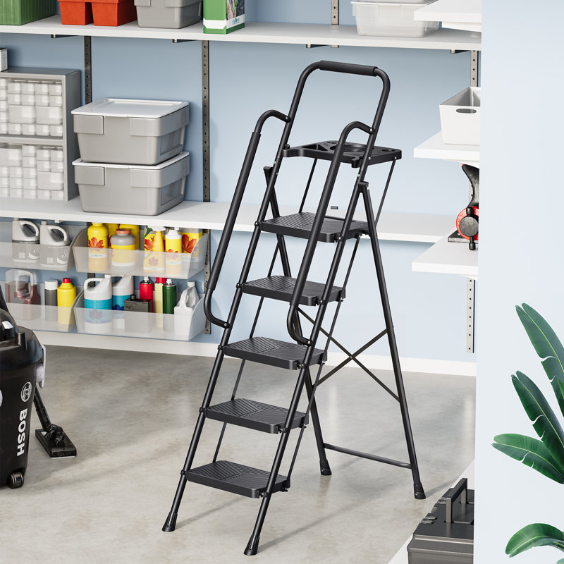 Échelle, échelle en métal capacité de charge testée 500 lb, escabeau pliable avec plateforme d'outils, échelle de bibliothèque, escabeau de cuisine décoratif