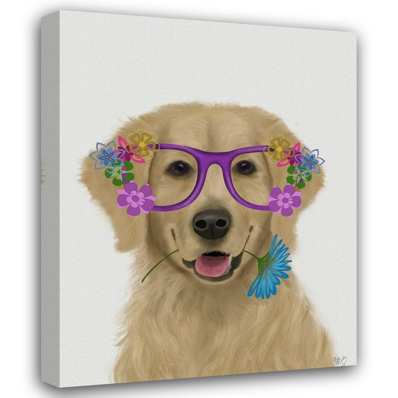 Art sur toile tendue Red Barrel Studio® Fab Funky Gallery, Golden Retriever and Flower Glasses, H 18 po x l 15 po