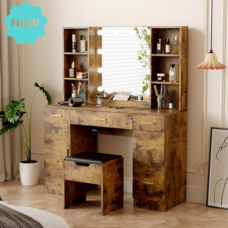Modern Makeup Vanity Desk with LED Lights, Storage Shelves & Stool, Adjustable Brightness, Dressing Table for Women & Girls, Brown