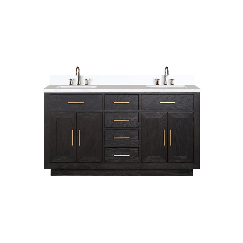 Ensemble de meuble-lavabo double l 60 po x P 22 po Abbey, Marbre de culture blanc, Chêne noir