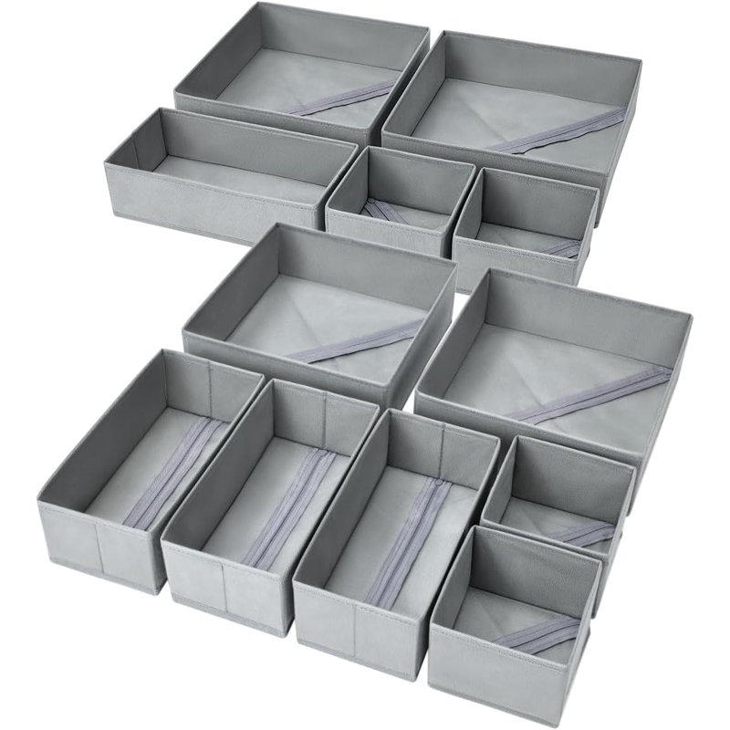 Foldable Drawer Organizers - 12 Piece Set For Clothes, Underwear, Socks, Nursery Items, Gray