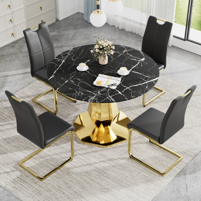 Luxtury Round Marble Texture Tempered Glass Pedestal Dining Set with Faux Leather Dininig Chair