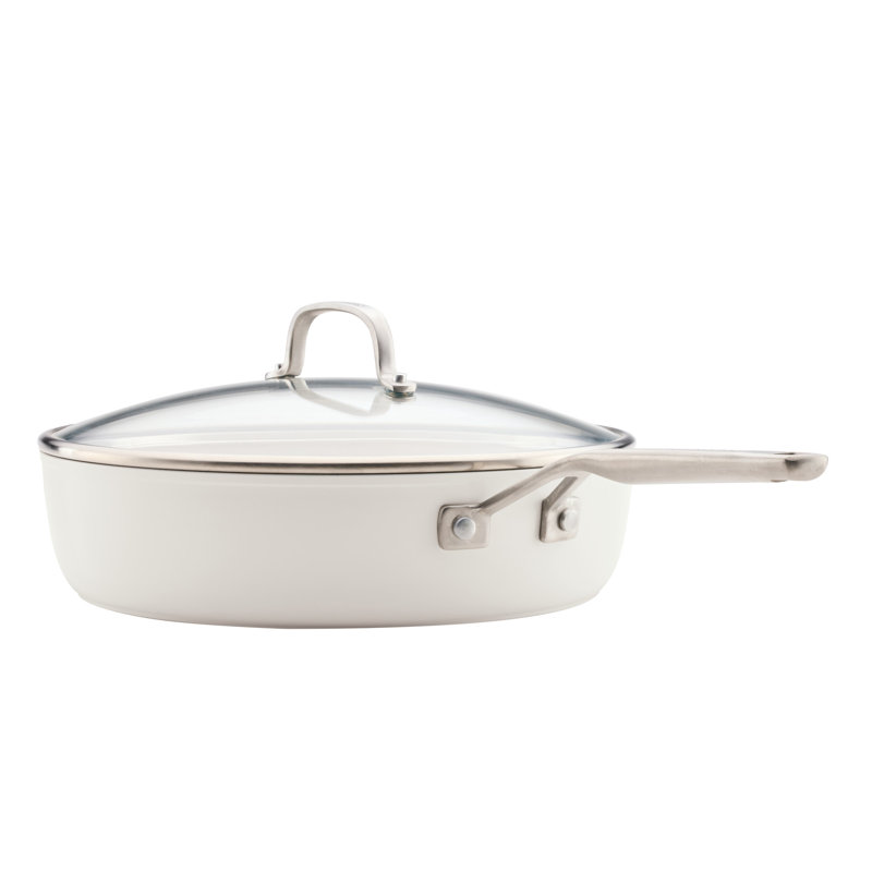 Kitchenaid Hard-Anodized Ceramic Induction Saute Pan With Lid And Helper Handle, 5-Quart, Agave, White