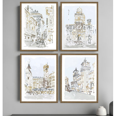 Set Of Four Street Scenes Gold Framed Print Wall Art