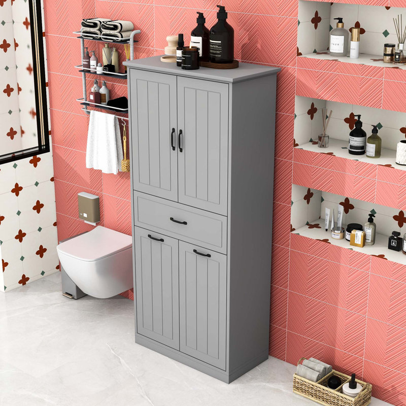 Armoire de rangement pour salle de bain avec deux paniers à linge amovibles, tablettes réglables et tiroir, Gris