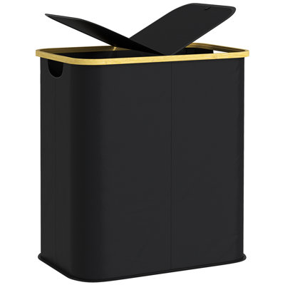 HOMCOM Double Laundry Basket with Lid 80L Collapsible Groove Handles Black
