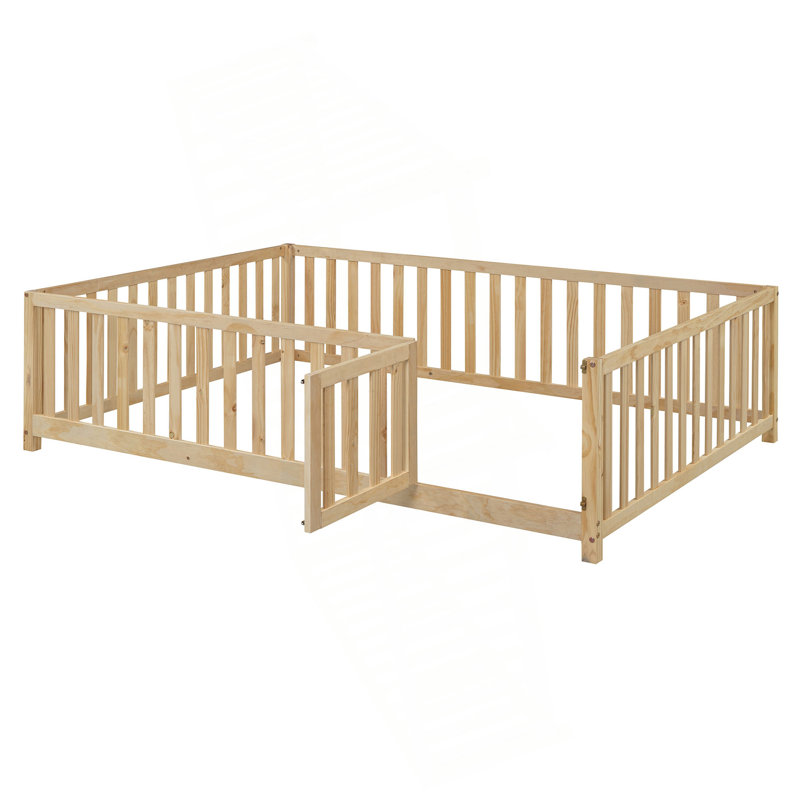 Twin Size Wood Daybed With Fence Guardrails And 2 Drawers, Split Into Independent Floor Bed & Daybed, Full, Natural
