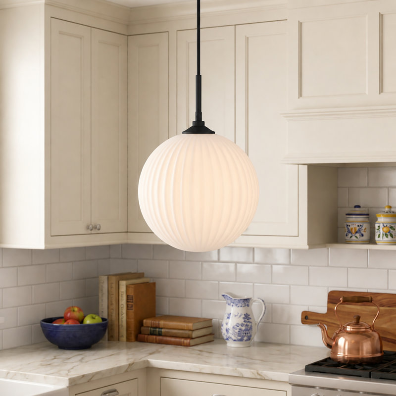 1 - Light Ribbed Frosted Glass Globe Pendant Light, Matte Black