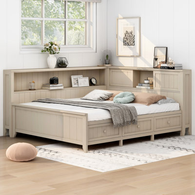 Lit de jour en bois de lait blanc antique avec tablette et 3 rangements