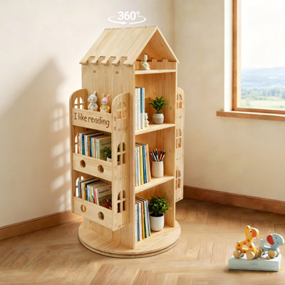 360° Rotating Bookshelf Wood Book Storage Rack Floor Standing Bookcase for Children Bedroom Playroom Kindergarten Book Display