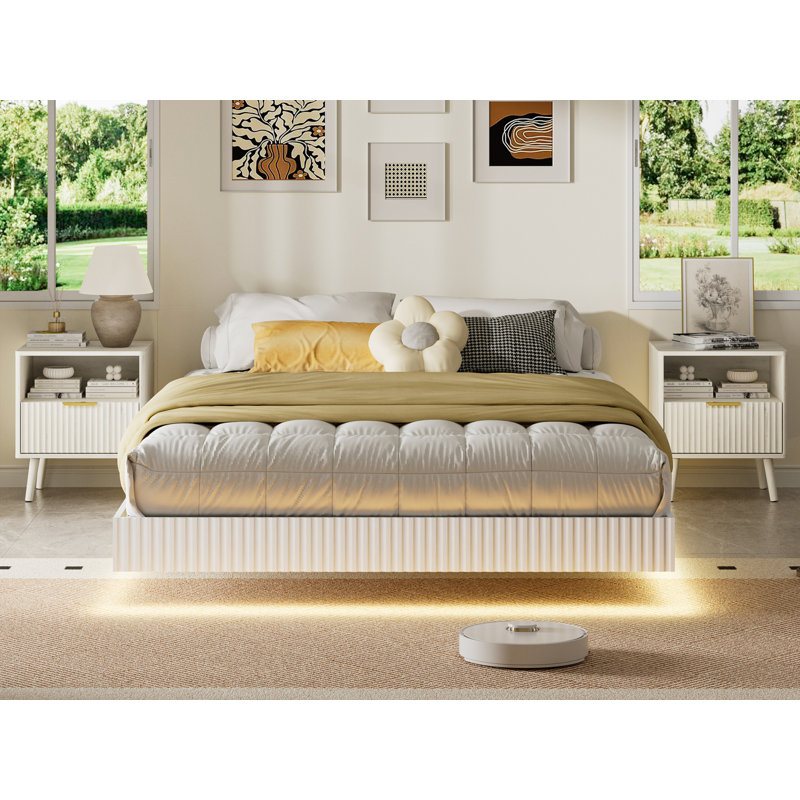3-piece Bedroom Set, Queen Size Fluted Floating Bed & 2 Nightstands, No Headboard, No Box Spring Needed, Queen, White