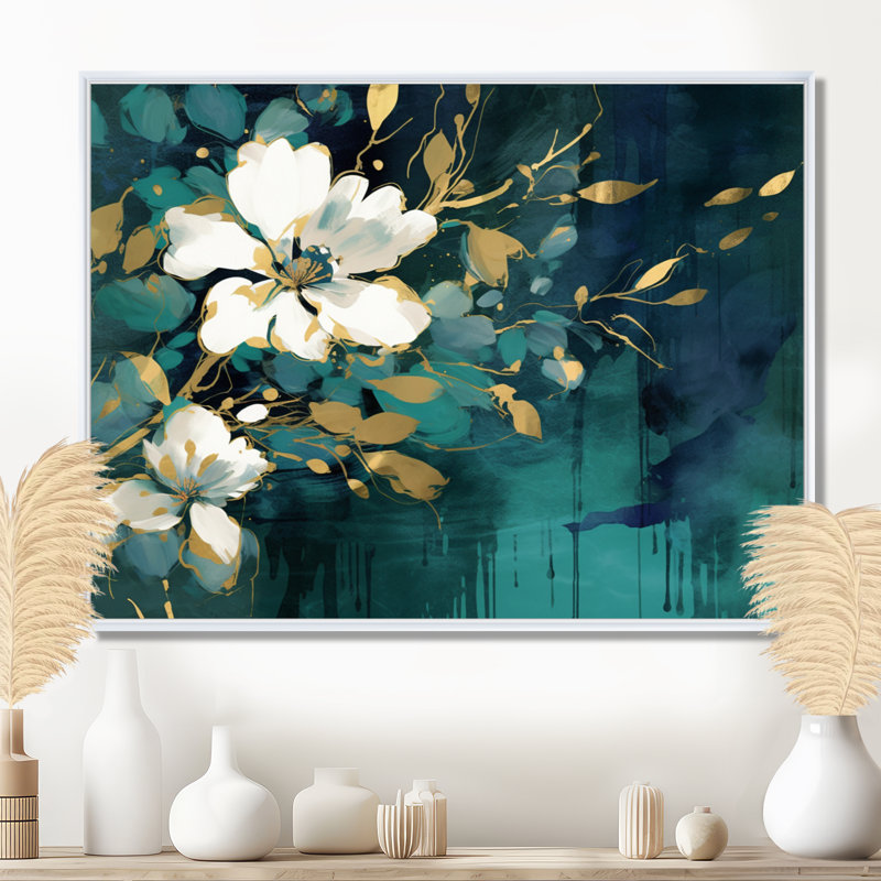 Plantes blanches bleu sarcelle dans le chaos III - art mural floral, H 12 po x l 20 po x P 1 po, Cadre flottant blanc