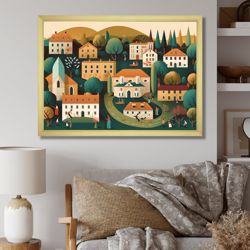 «Small Town Village I», reproduction d'art sur toile, H 24 po x l 32 po x P 1 po, Cadre flottant doré
