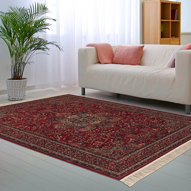 Doughman Oriental Floral Antique Red Fringed Wool Area Rug, Rectangle 5'3" x 7'9"