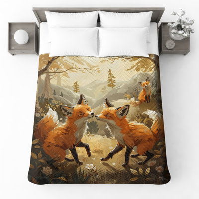 Foxes In Forest Scene Quilted Bedspread All Sizes