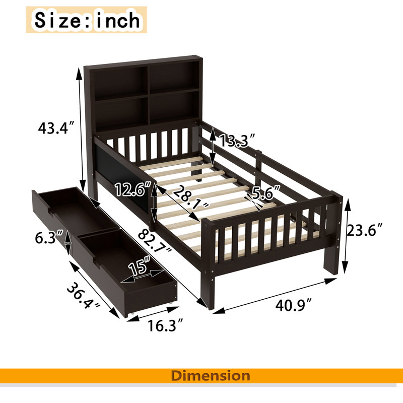 Lit plateforme avec tableau noir, lit plateforme en bois massif avec tiroirs et tablettes de rangement, conception amusante et peu encombrante