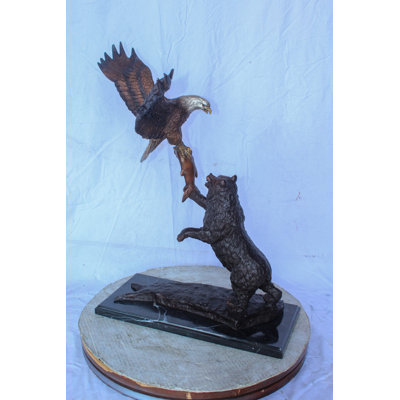 Nifao Collection Bronze Statue of an Eagle and Bear Fighting for Fish Prey  24" x 9" x 28"H