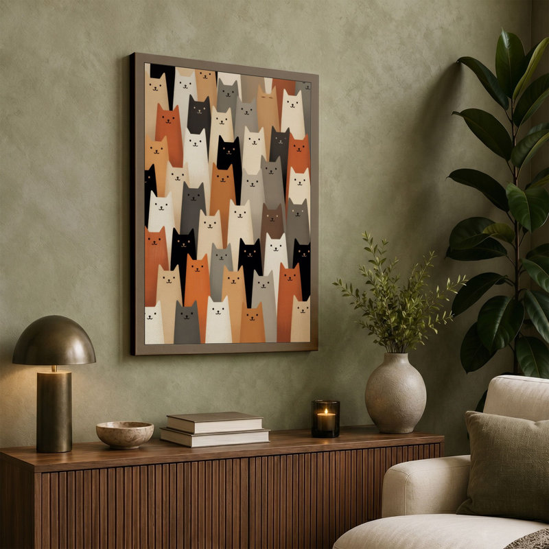 Geometric Cat Pattern Modern - Wrapped Canvas, 24x16 - 61.0 x 40.6 cm, Sage Border
