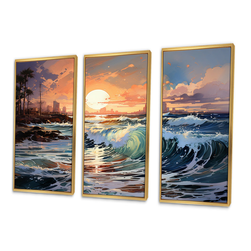 «Beach Sunrise Tranquil Horizons III - Ocean», ensemble de reproductions d'art mural, Cadre flottant doré