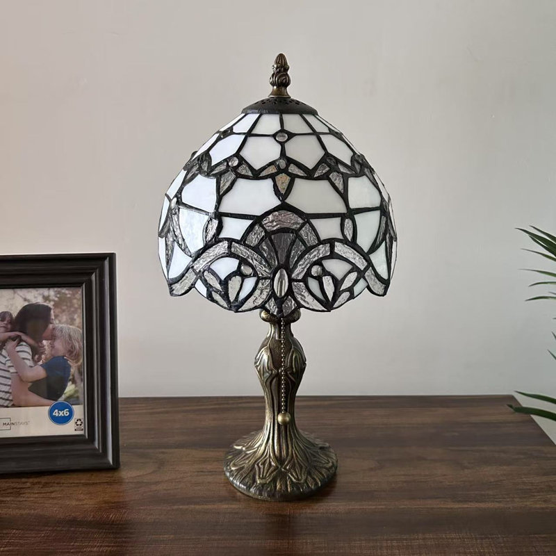 Bloomsbury Tiffany Mini Table Lamp Stained Glass Baroque Style Lavender LED Bulb Included 8"W*8"D*15"H, White