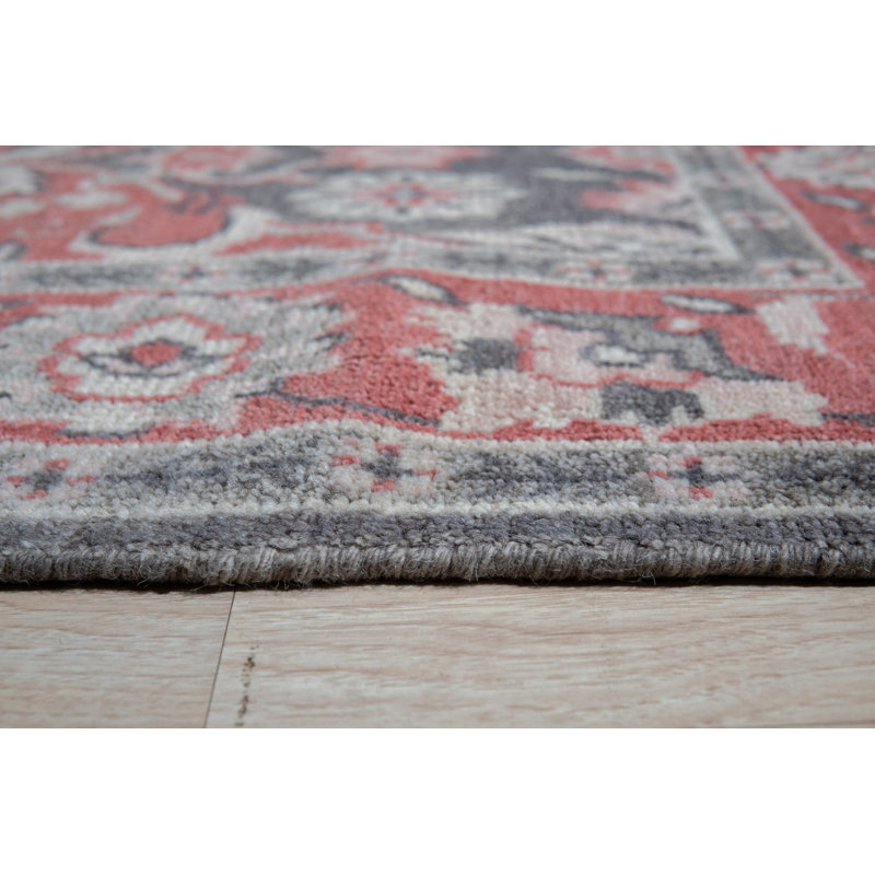 Coral Hand-Knotted Wool Floral Symmetry Geometric Modern Contemporary Carpet Rug, 8' x 10'