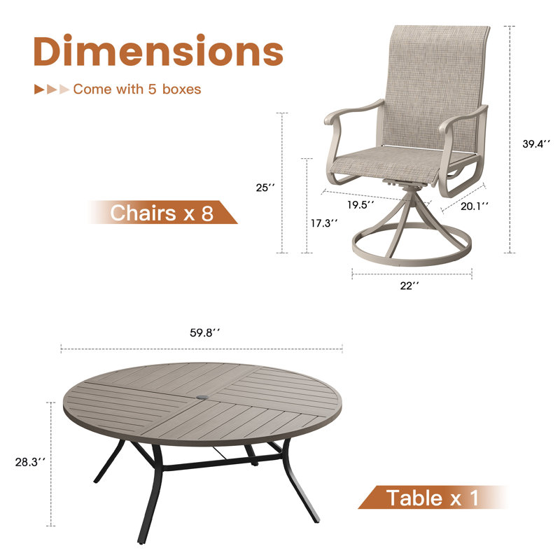 Round Outdoor Dining Set with 60" Metal Dining Table and 8 PVC-coated polyester Swivel Dining Set, Brush Wood Gray/Sandshell