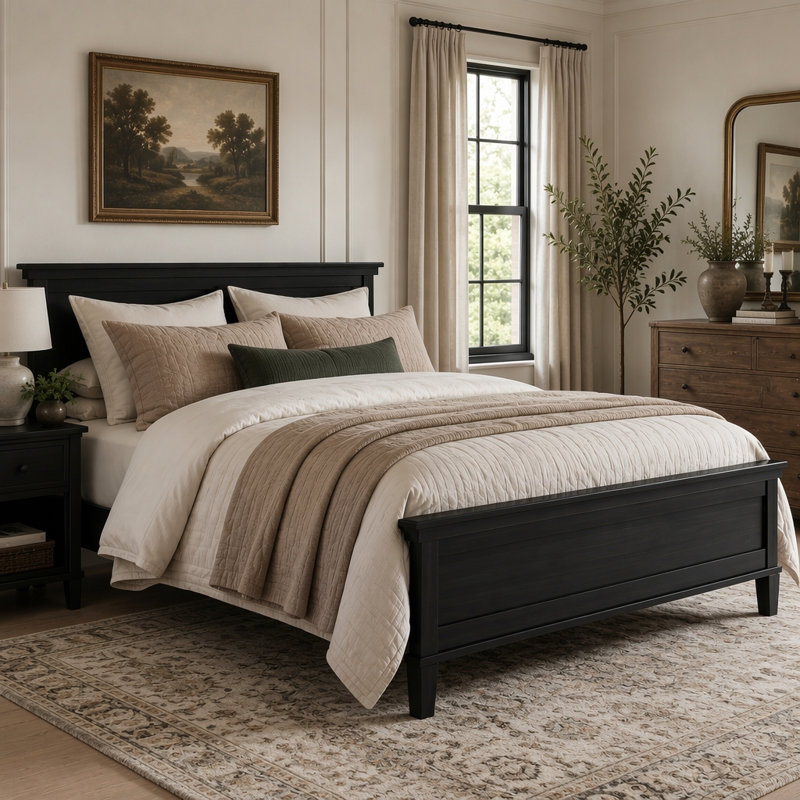 Lit plateforme en bois avec tête de lit Mid-Century, Double, Noir anthracite