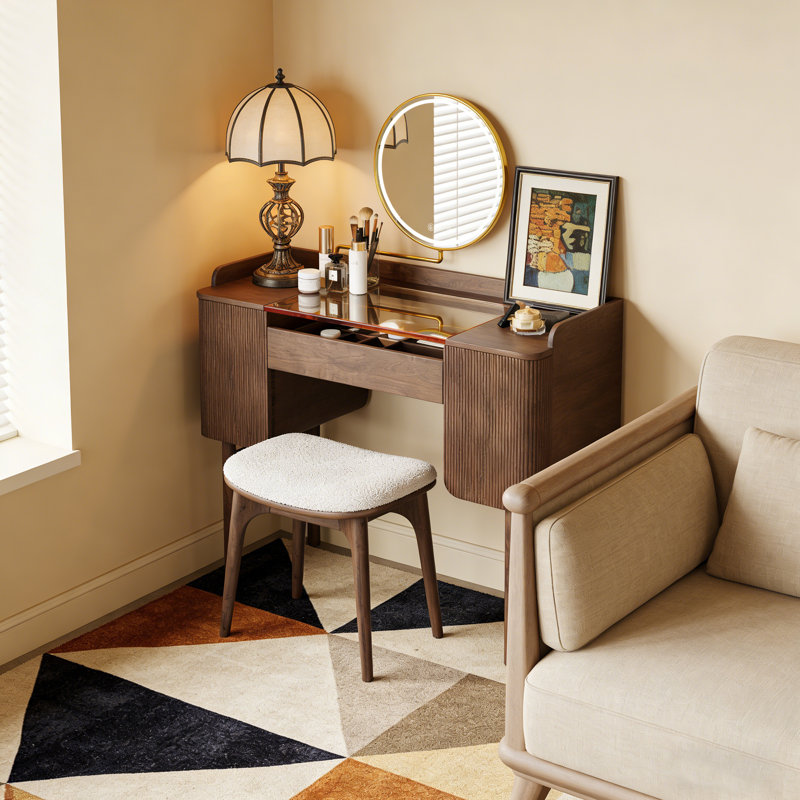 Coiffeuse en bois de noyer noir 39,37 "de luxe avec miroir de maquillage à DEL et tabouret en bois massif
