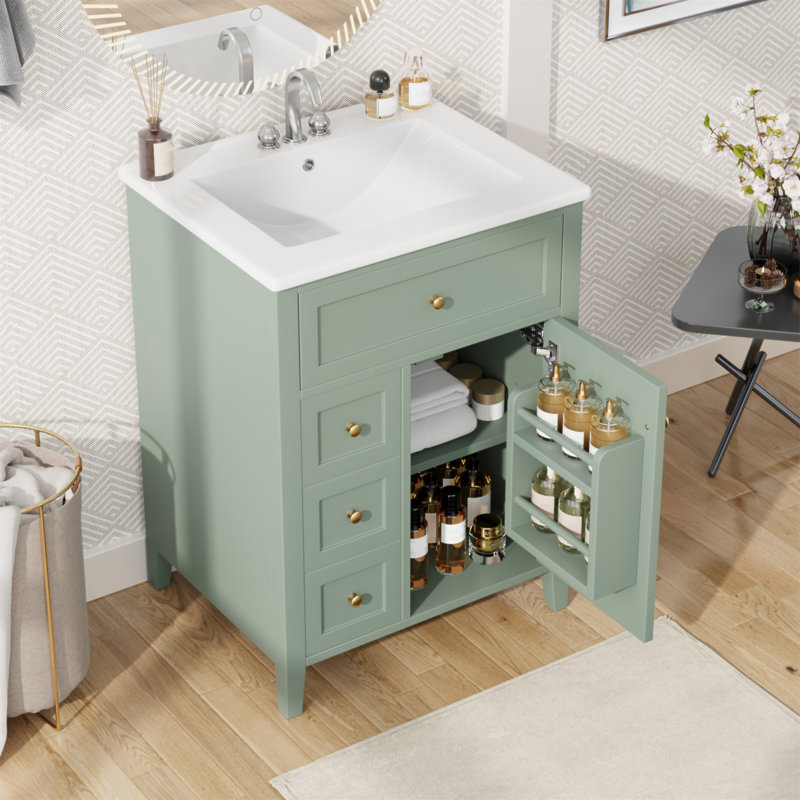 Meuble-lavabo vert de 24 po avec lavabo, panneau de fibres à densité moyenne et fabrication en bois d'hévéa, 3 tiroirs et armoire avec tablettes réglables, conception moderne pour les petites et moyennes salles de bain