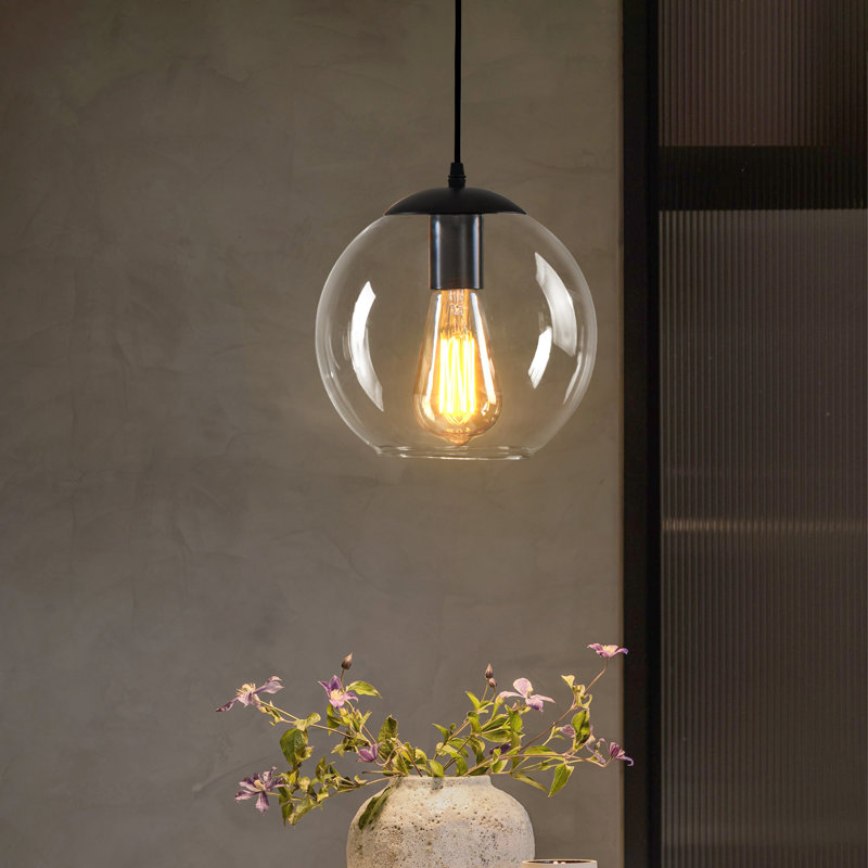 1-Light Globe Glass Single Pendant, Matte Black, 1