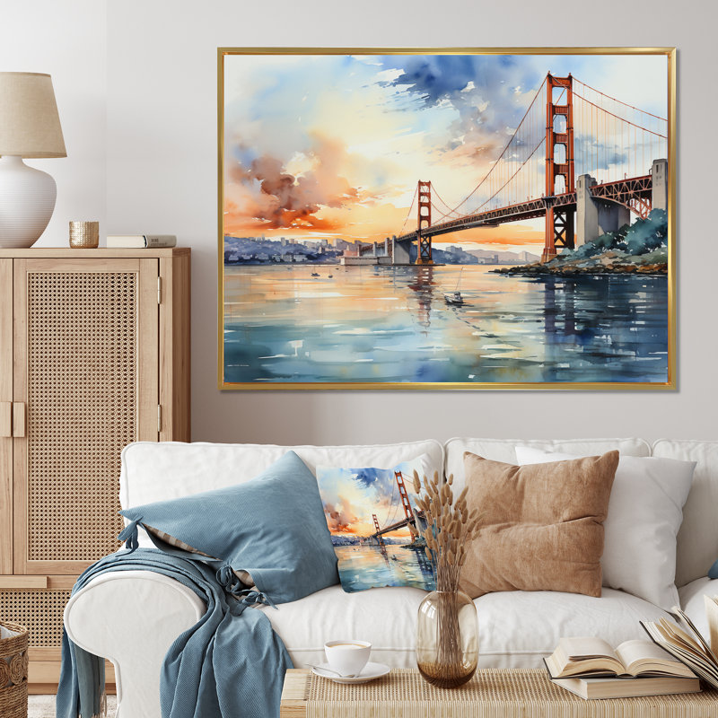 Edurardo Orange Bridge Golden Gateway IV - reproduction sur toile, H 12 po x l 20 po x P 1 po, Cadre flottant doré